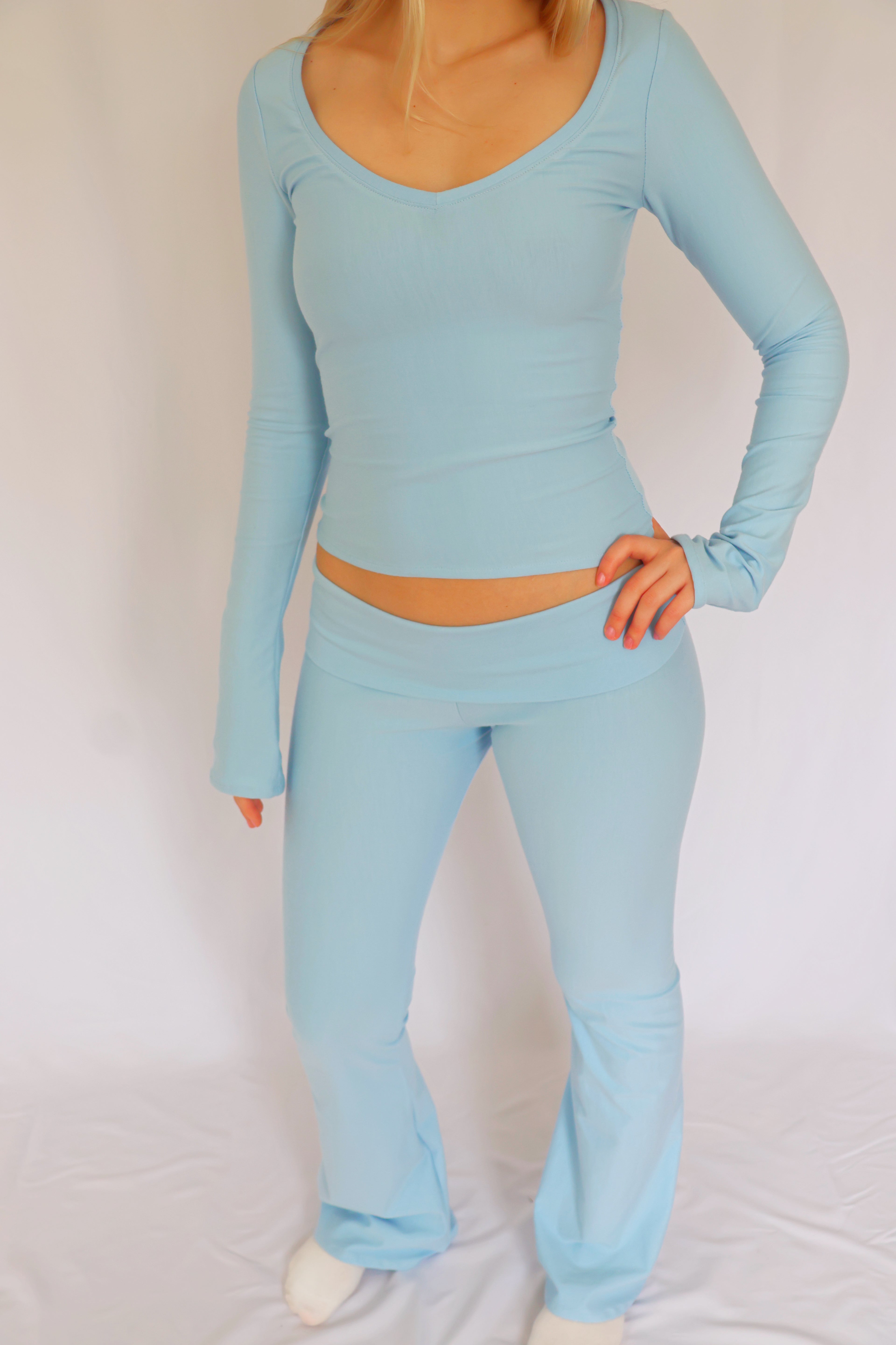 Low waist flare fold over pants - Ice blue
