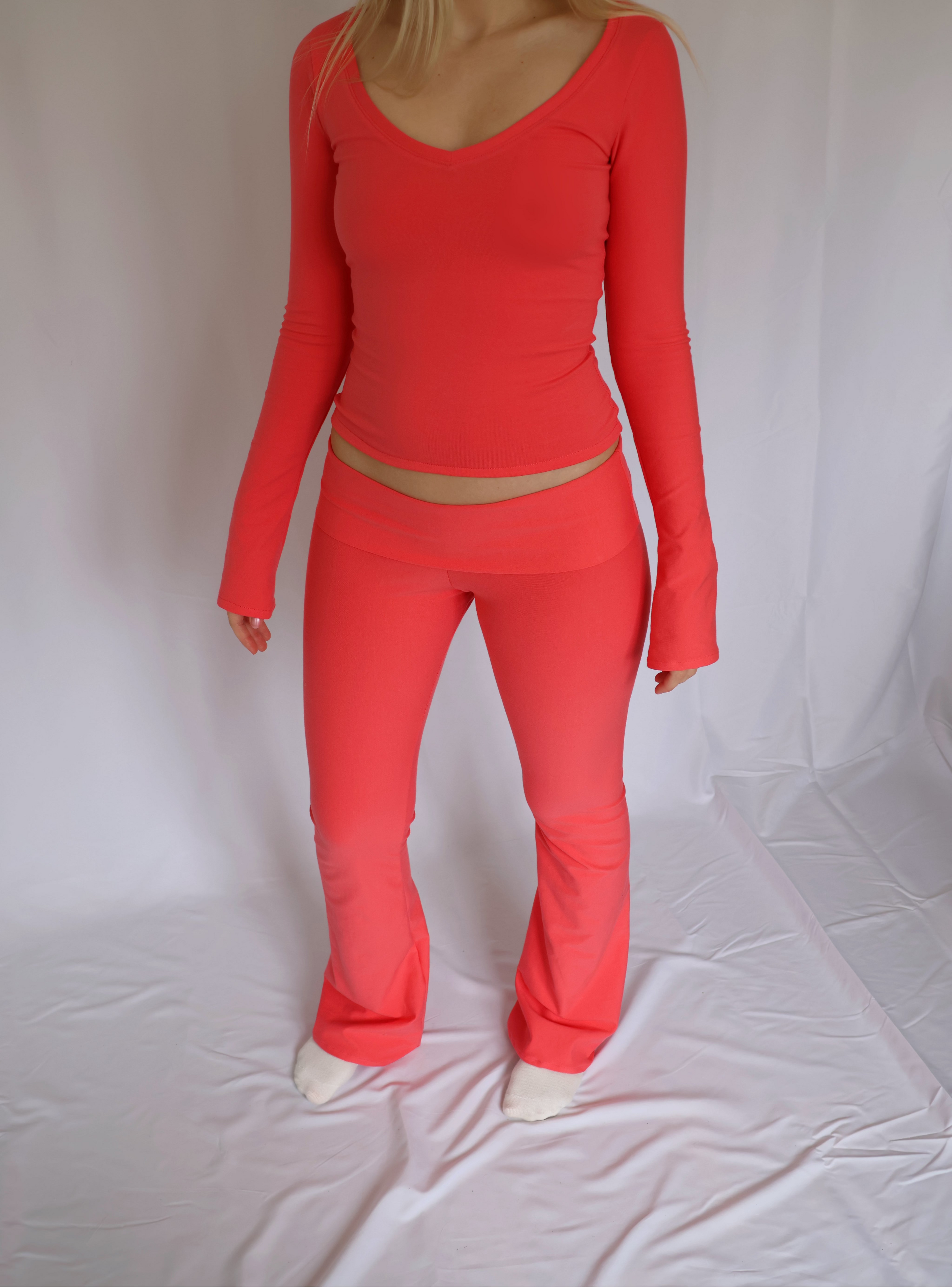 Low waist flare fold over pants - Coral