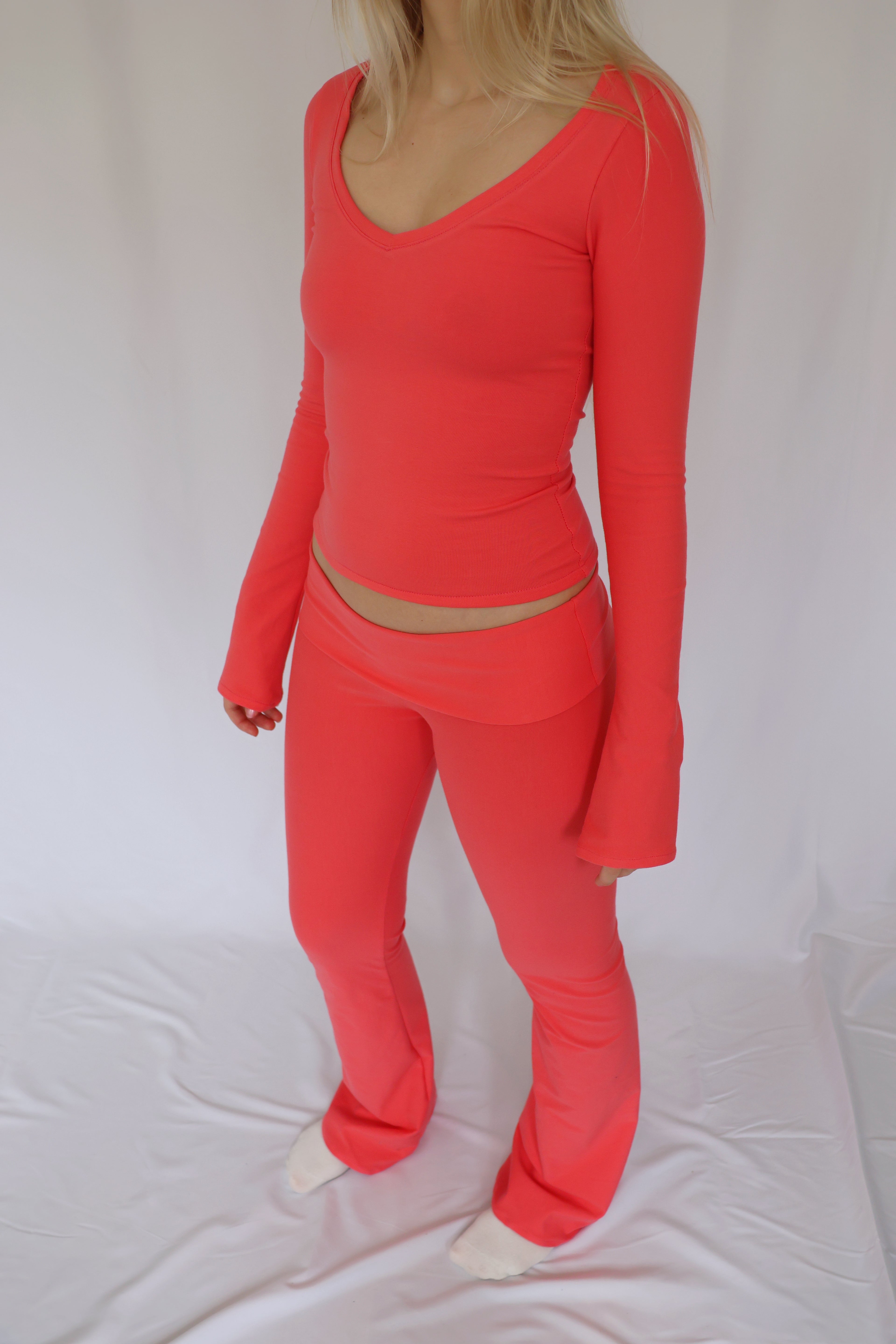 Low waist flare fold over pants - Coral