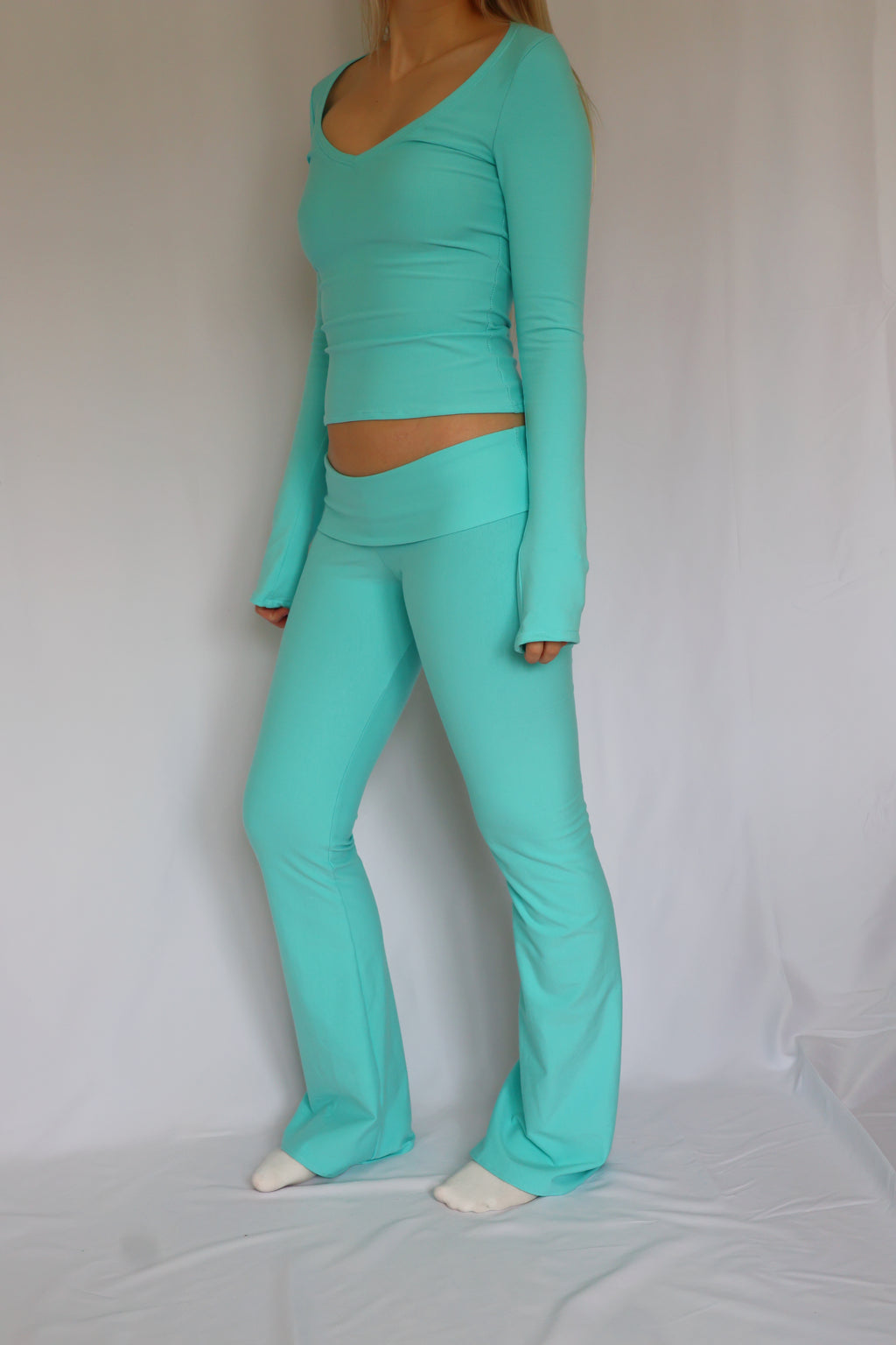 Low waist flare fold over pants - Turquoise